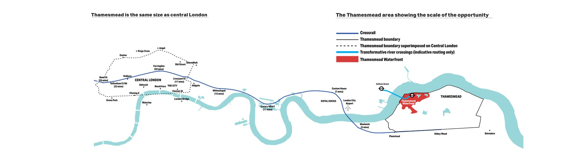 Map including cental London and Thamesmead Waterfront