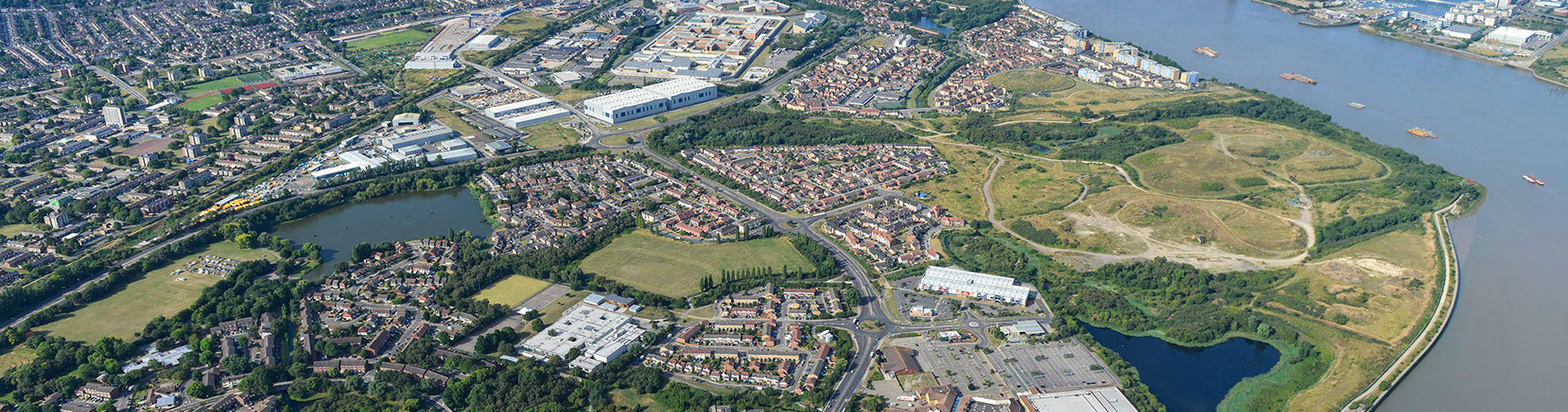 Aerial view of Thamesmead Waterfront